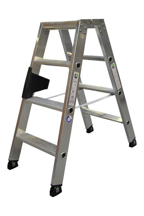 Twin step ladder, 2 x 3 wide rungs - Extremely sturdy and stable twin step ladder for professional use - 80 mm non-slip rungs - Non-slip Nivello feet