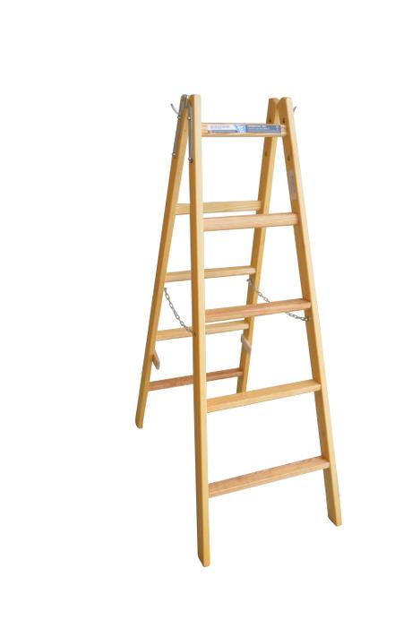 Step ladder - 5 rungs: 50 mm ergo-rungs - Laminated stiles made of pine - Impregnated to prevent rot and fungus - Safety chains attached to the stiles with eye screws - Strong hinges with bucket hook.