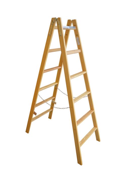 Step ladder - 6 rungs: 50 mm ergo-rungs - Laminated stiles made of pine - Impregnated to prevent rot and fungus - Safety chains attached to the stiles with eye screws - Strong hinges with bucket hook.