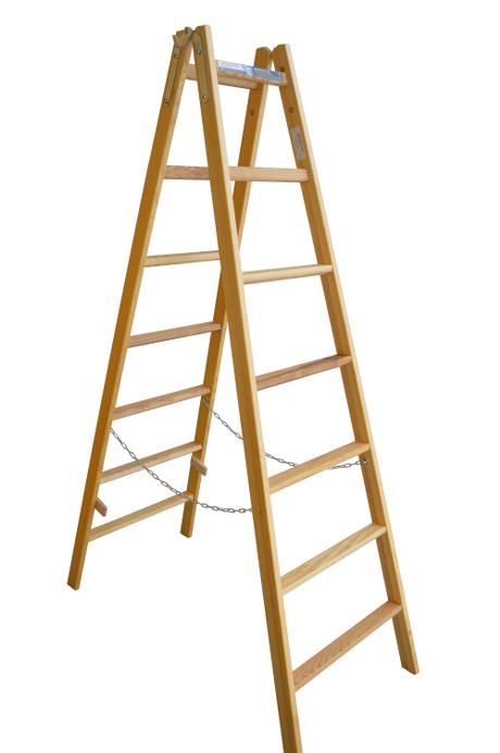 Step ladder - 7 rungs: 50 mm ergo-rungs - Laminated stiles made of pine - Impregnated to prevent rot and fungus - Safety chains attached to the stiles with eye screws - Strong hinges with bucket hook.