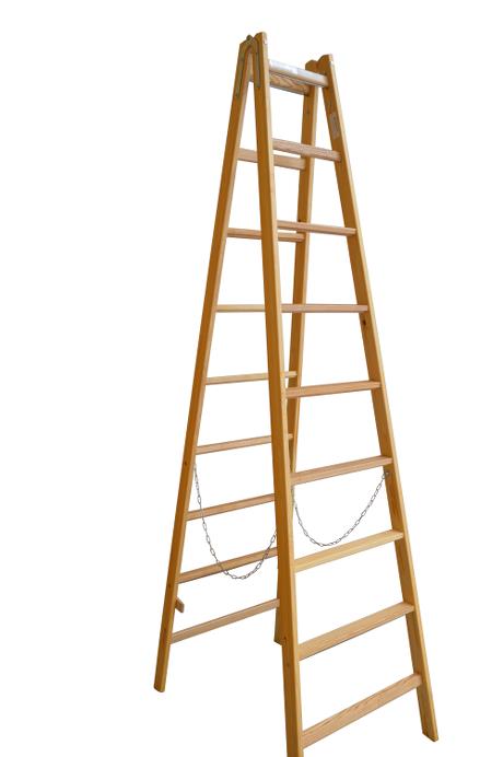 Step ladder - 9 rungs: 50 mm ergo-rungs - Laminated stiles made of pine - Impregnated to prevent rot and fungus - Safety chains attached to the stiles with eye screws - Strong hinges with bucket hook.