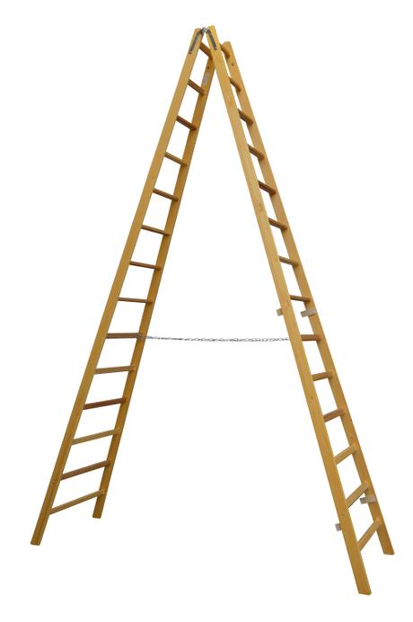 Step ladder - 14 rungs: 50 mm ergo-rungs - Laminated stiles made of pine - Impregnated to prevent rot and fungus - Safety chains attached to the stiles with eye screws - Strong hinges with bucket hook.