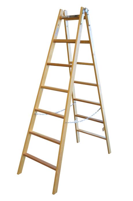 Twin step ladder - 7 rungs - w/ chains- 50 mm ergo-rungs - Solid stiles made of pine - Impregnated to prevent rot and fungus - Heavy duty hinges with bucket hook.