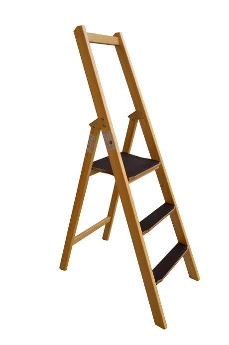 Front step ladder, 3 rungs made of wood: Very stable and easy to fold and carry. 80 mm wide, non-slip rungs - Laminated stiles made of pine.