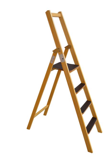Front step ladder, 4 rungs made of wood: Very stable and easy to fold and carry. 80 mm wide, non-slip rungs - Laminated stiles made of pine