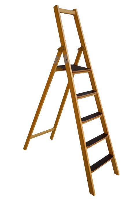 Front step ladder, 5 rungs made of wood: Very stable and easy to fold and carry. 80 mm wide, non-slip rungs - Laminated stiles made of pine