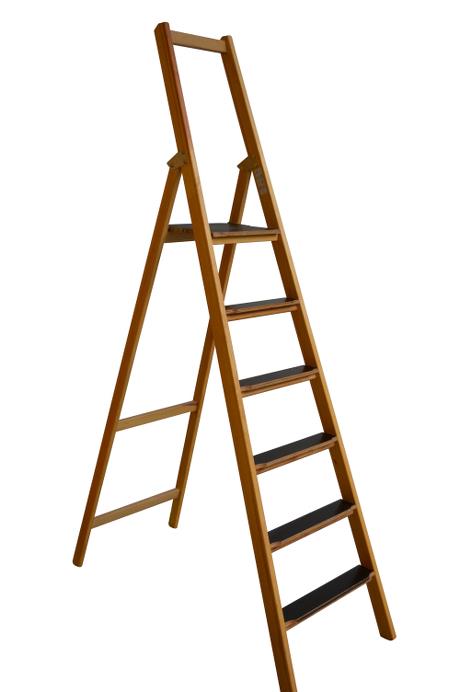 Front step ladder, 6 rungs made of wood: Very stable and easy to fold and carry. 80 mm wide, non-slip rungs - Laminated stiles made of pine