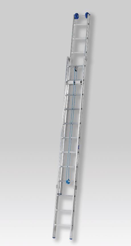 2-section pulley ladder 2x12 rungs, PRO - Sealed ergonomic stiles - Non-slip, strong rubber feet - Fitted with PVC top wheel and ropes for variable height adjustment from the ground - The top wheel extends 30 mm beyond the ladder's maximum length