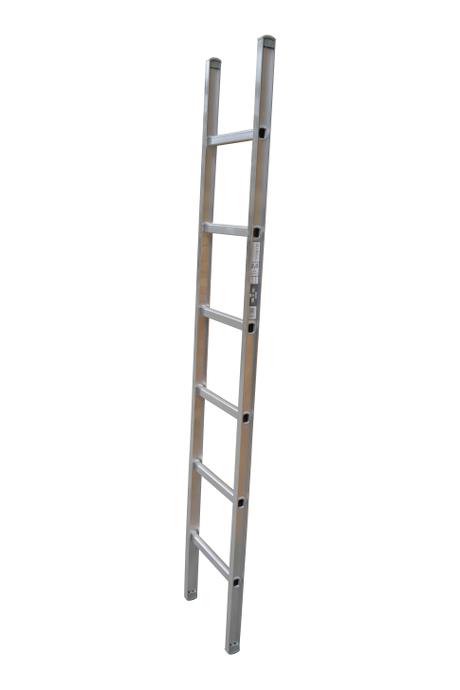 Single ladder, work, 6 rungs - Work single ladder is made of indestructible, corrosion-proof aluminium and specifically designed for professional users. The rungs have curved contact surfaces for a more secure footing. Rung spacing: 300 mm. Width 403 mm